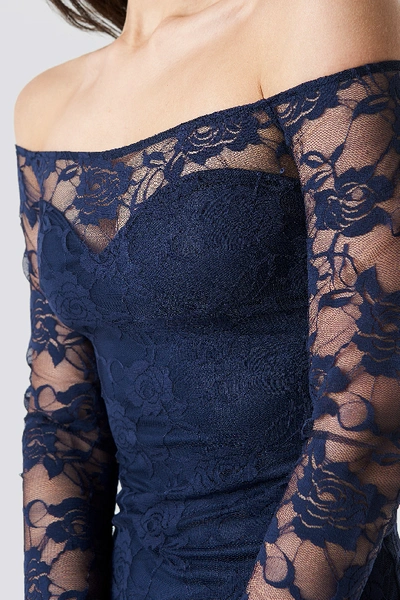 Shop Na-kd Off Shoulder Lace Dress - Blue In Dark Blue