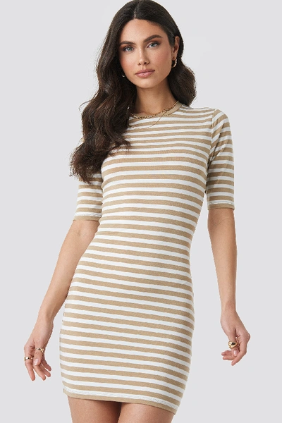 Shop Na-kd Striped Fitted T-shirt Dress - Beige