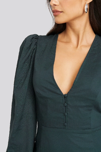 Shop Afj X Na-kd V-neck Puff Sleeve Dress - Green In Dark Teal