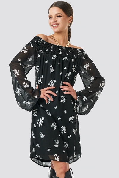Shop Na-kd Floral Printed Off Shoulder Dress - Black In Black/white Flower Print