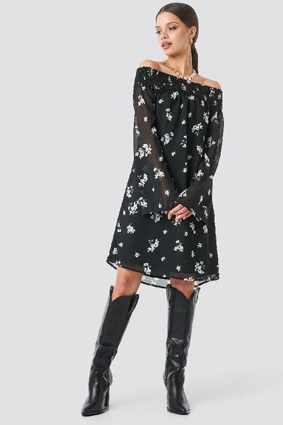 Shop Na-kd Floral Printed Off Shoulder Dress - Black In Black/white Flower Print