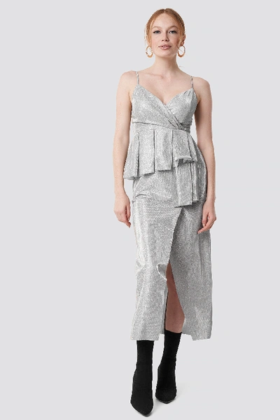 Shop Trendyol Shiny Slit Maxi Dress - Silver In Powder Pink