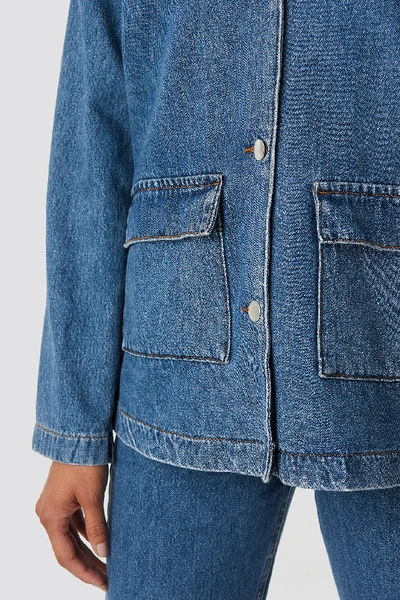 Shop Anna Nooshin X Na-kd Straight Fit Denim Blazer Blue In Mid Blue