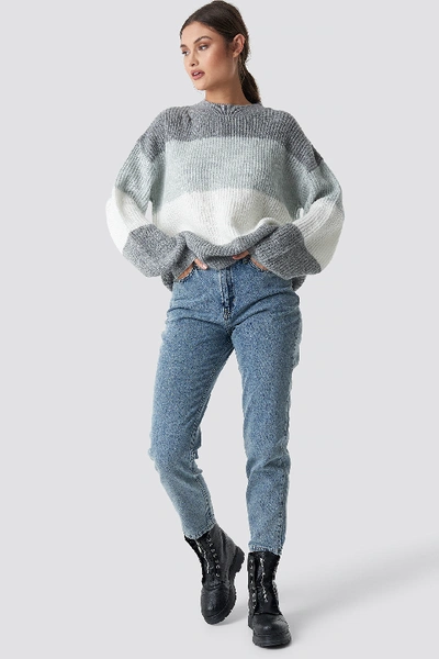 Shop Na-kd Color Striped Balloon Sleeve Knitted Sweater - Grey