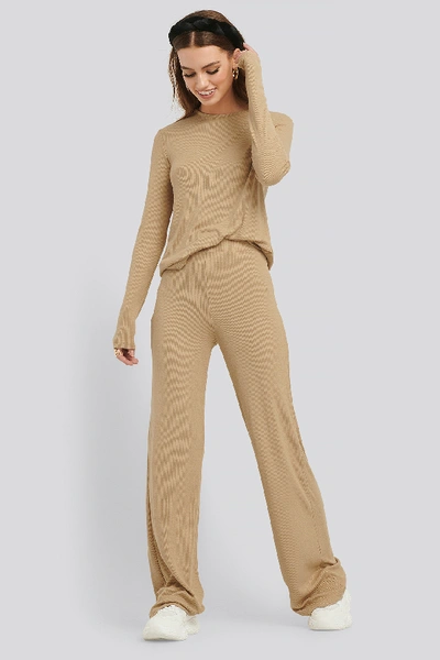 Shop Na-kd Soft Ribbed Wide Basic Pants - Beige