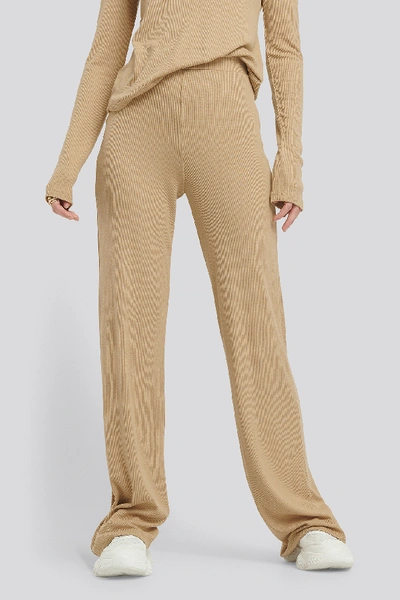 Shop Na-kd Soft Ribbed Wide Basic Pants - Beige