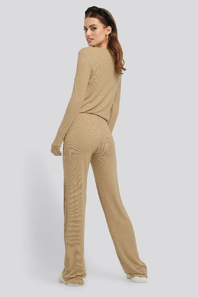 Shop Na-kd Soft Ribbed Wide Basic Pants - Beige