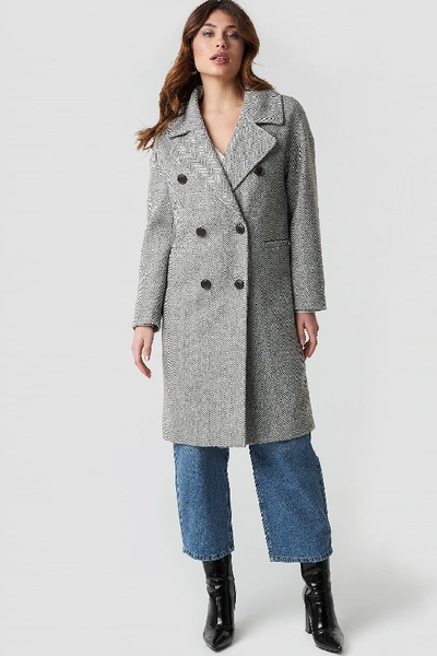 Shop Na-kd Herringbone Double Breasted Coat Grey In Grey Pattern