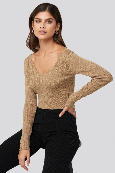 Shop Adorable Caro X Na-kd Deep V-neck Rib Top - Beige In Tan