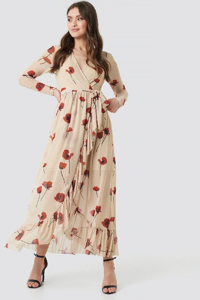 Shop Na-kd Mesh Printed Frill Maxi Dress - Beige In Standing Poppy Flower Print