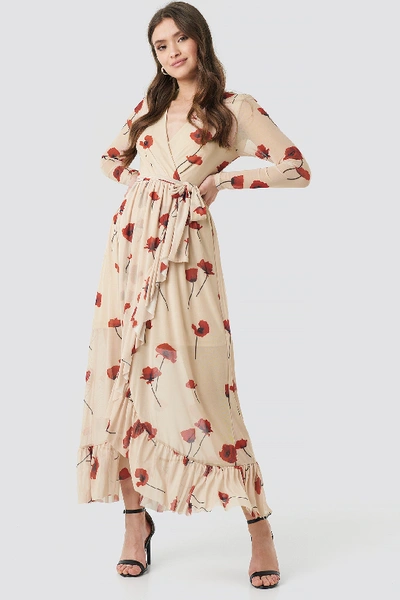 Shop Na-kd Mesh Printed Frill Maxi Dress - Beige In Standing Poppy Flower Print