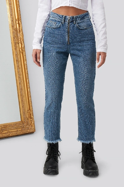Shop Romy X Na-kd Front Zipper Denim Pants - Blue In Mid Blue
