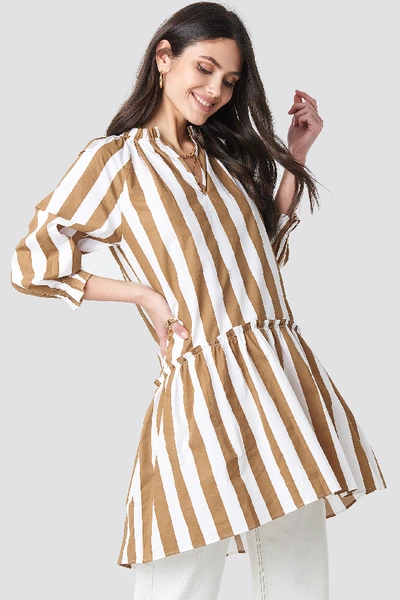 Shop Na-kd Frill Neck Striped Midi Dress - Beige In White/beige Stripe