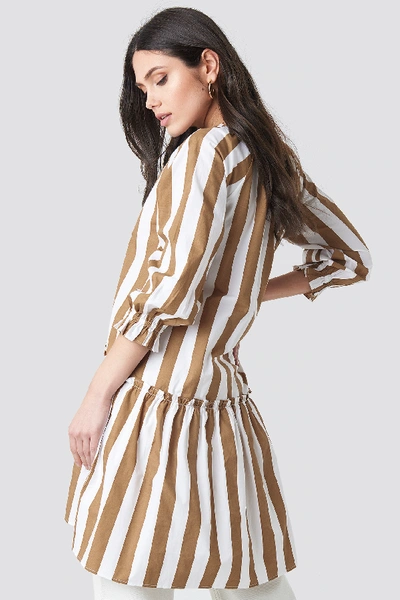 Shop Na-kd Frill Neck Striped Midi Dress - Beige In White/beige Stripe