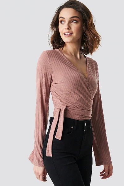 Shop Na-kd Ribbed Wrap Tie Top Pink In Dusty Dark Pink