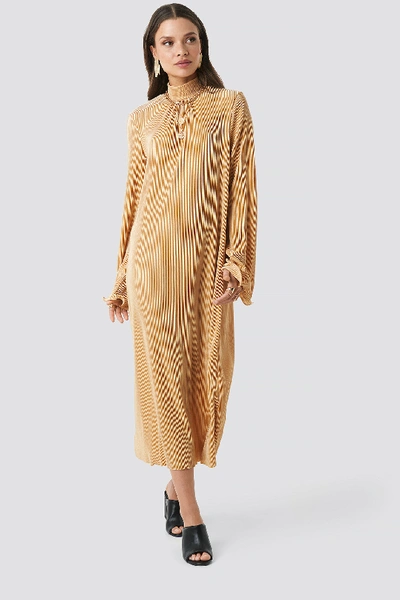 Shop Na-kd Pleated Wide Sleeve Ankle Dress - Beige In Golden Beige