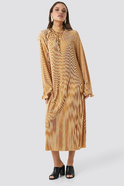 Shop Na-kd Pleated Wide Sleeve Ankle Dress - Beige In Golden Beige