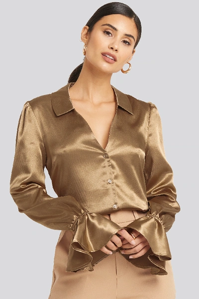 Shop Afj X Na-kd Frill Sleeve Satin Shirt - Beige