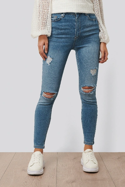 Shop Anika Teller X Na-kd Slim Fit Destroyed Jeans - Blue In Mid Blue