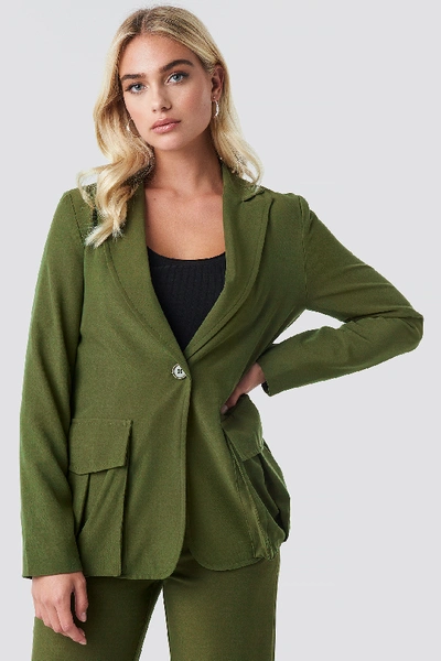 Shop Na-kd Front Pockets Single Button Blazer - Green In Khaki Green