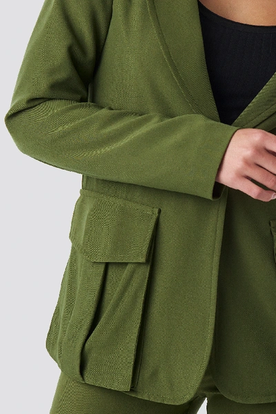 Shop Na-kd Front Pockets Single Button Blazer - Green In Khaki Green