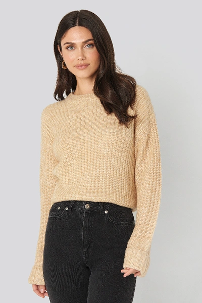 Shop Na-kd Folded Sleeve Round Neck Knitted Sweater In Beige