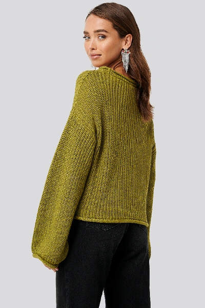 Shop Na-kd Cropped Boat Neck Knitted Sweater - Green In Olive Green