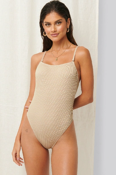 Shop Erica Kvam X Na-kd Thin Strap Smocked Swimsuit Beige In Sand