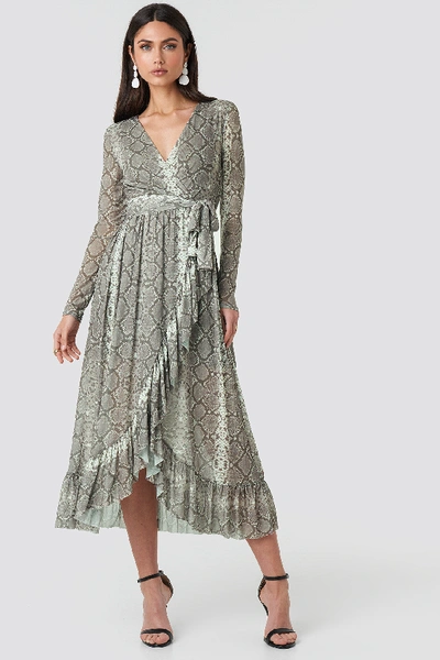 Shop Na-kd Mesh Printed Frill Maxi Dress - Grey,multicolor In Snake Print