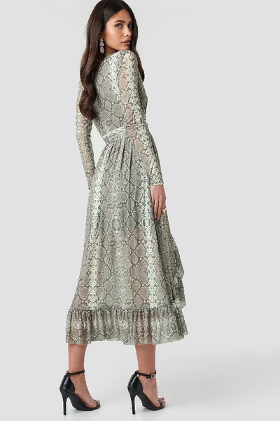 Shop Na-kd Mesh Printed Frill Maxi Dress - Grey,multicolor In Snake Print