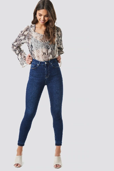 Na-kd Skinny High Waist Open Hem Jeans - Blue In Dark Blue | ModeSens