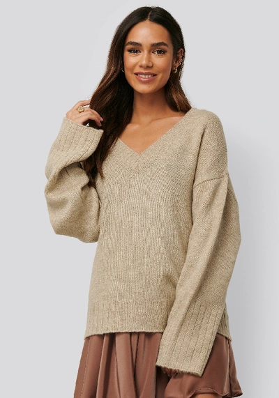 Shop Anika Teller X Na-kd V-neck Oversized Knitted Sweater - Beige