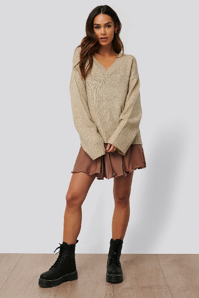 Shop Anika Teller X Na-kd V-neck Oversized Knitted Sweater - Beige