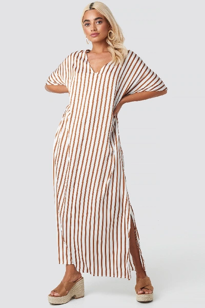 Shop Na-kd Striped V Neck Side Slit Dress - White In White/brown Stripe
