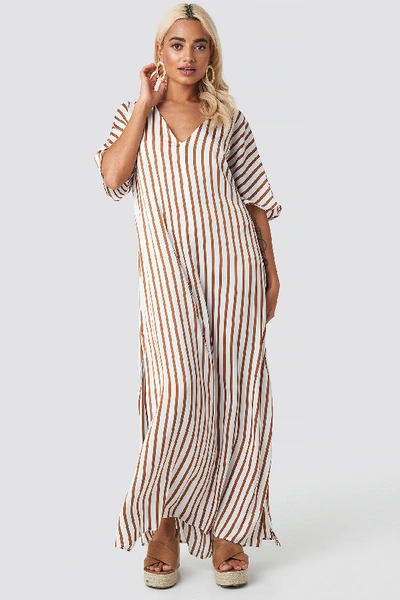 Shop Na-kd Striped V Neck Side Slit Dress - White In White/brown Stripe