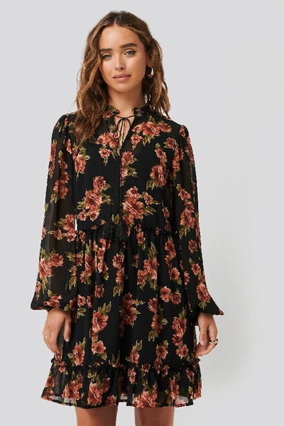 Shop Na-kd Long Sleeve Flowy Mini Dress - Multicolor In Black/red Flower