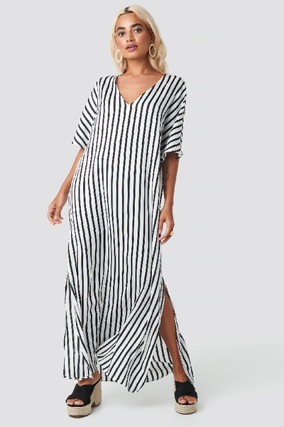 Shop Na-kd Striped V Neck Side Slit Dress - White In Black/white Stripe