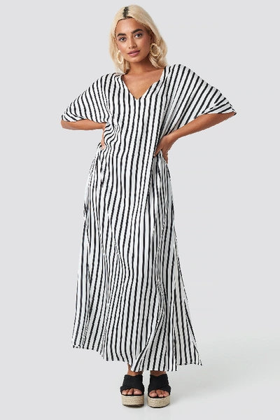 Shop Na-kd Striped V Neck Side Slit Dress - White In Black/white Stripe