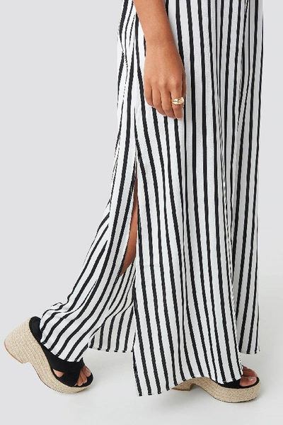 Shop Na-kd Striped V Neck Side Slit Dress - White In Black/white Stripe