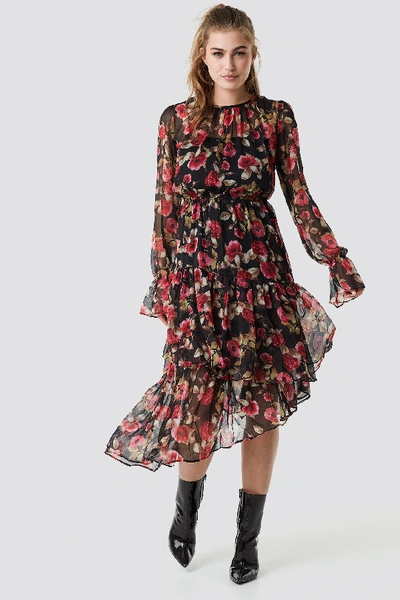 Shop Na-kd Asymmetric Chiffon Frill Dress - Multicolor In Black/red Flower