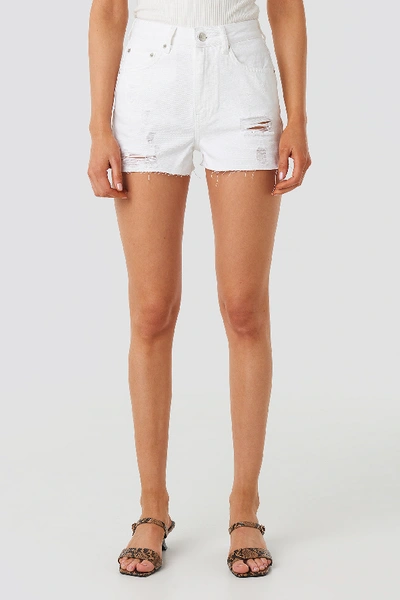Shop Na-kd Destroyed High Waist Denim Shorts - White