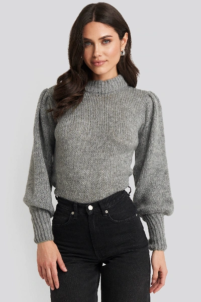 Shop Na-kd Puff Sleeve Wide Neck Knitted Sweater - Grey