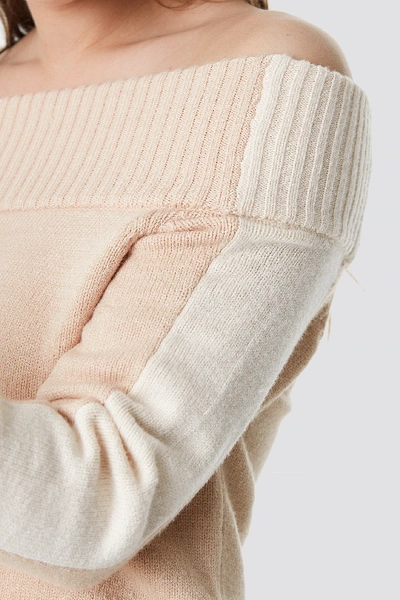 Shop Na-kd Color Block Off Shoulder Sweater Beige In Beige/white