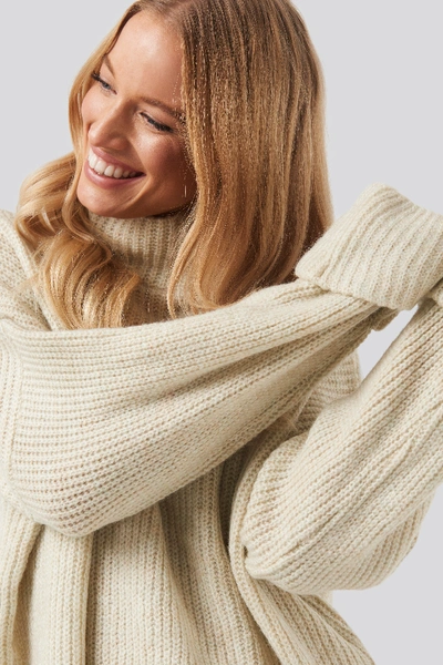 Shop Na-kd Folded Sleeve Turtle Neck Knitted Sweater - White In Cream