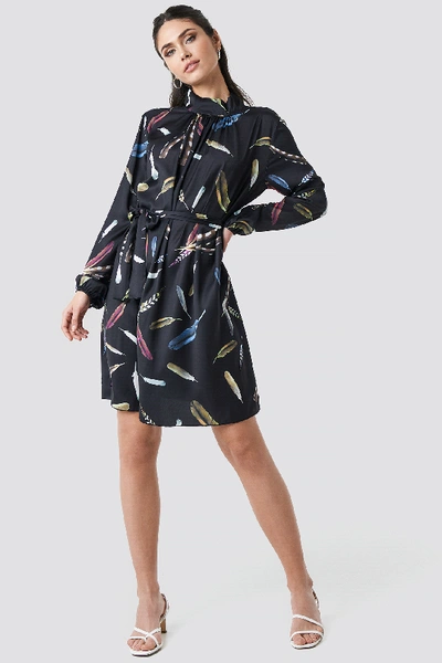 Shop Na-kd Balloon Sleeve Tied Waist Printed Dress - Black In Leaf Printed