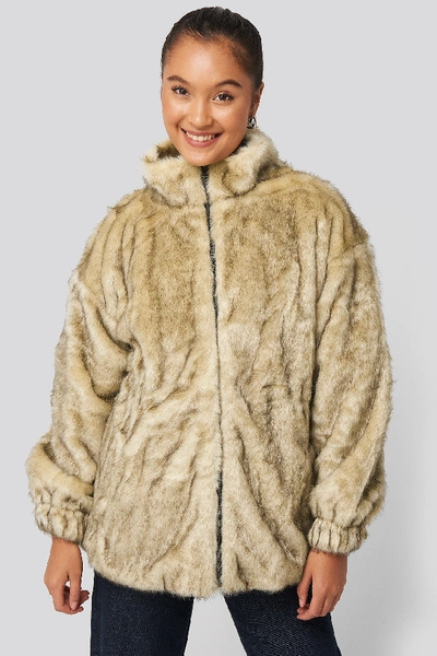 Shop Na-kd Drawstring Faux Fur Jacket Beige In Brown