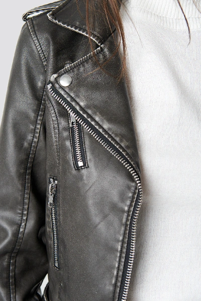 Shop Na-kd Pu Leather Distressed Biker Jacket Black In Washed Black