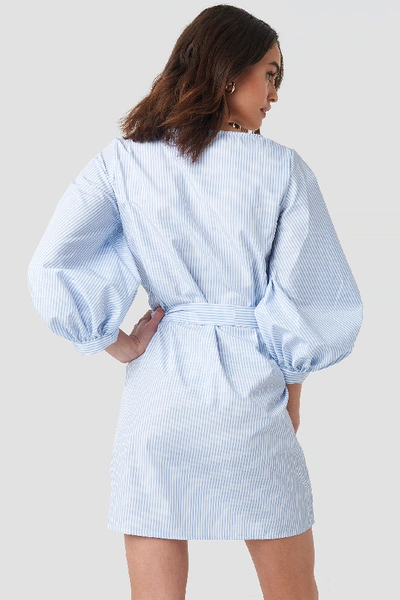 Shop Na-kd Puff Sleeve Square Neck Tie Dress - Blue In White/blue
