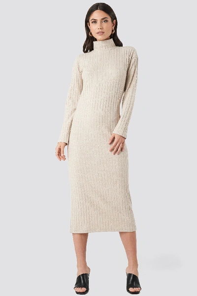 NA-KD HIGH NECK RIBBED ANKLE LENGTH KNITTED DRESS - BEIGE 