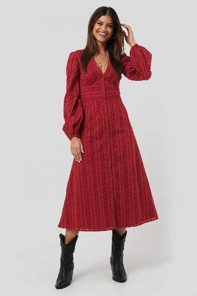 Shop Na-kd Balloon Sleeve Anglaise Midi Dress - Red In Dark Red